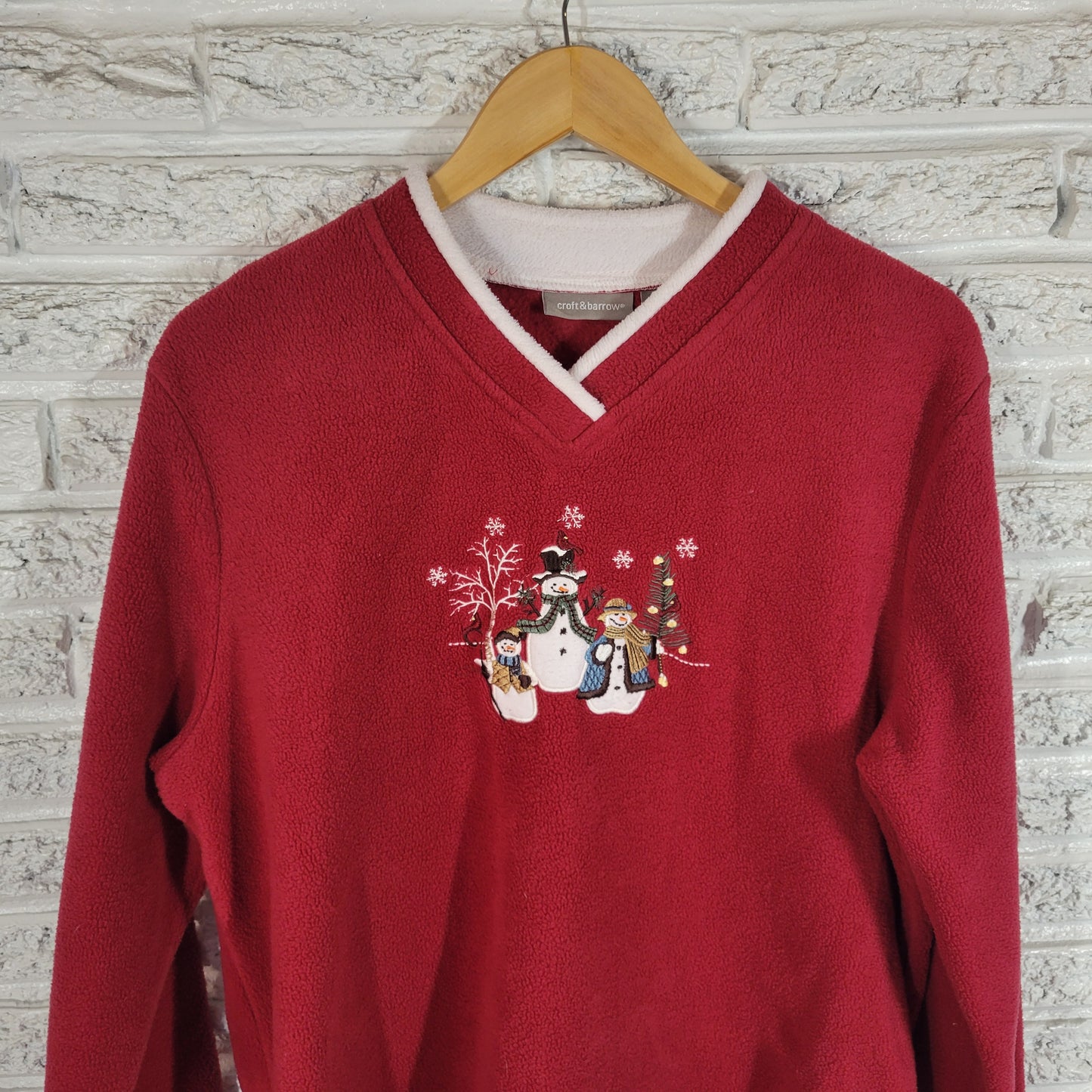 Croft & Barrow Christmas Snowman Fleece Sweatshirt XL Red V-Neck SWE97E
