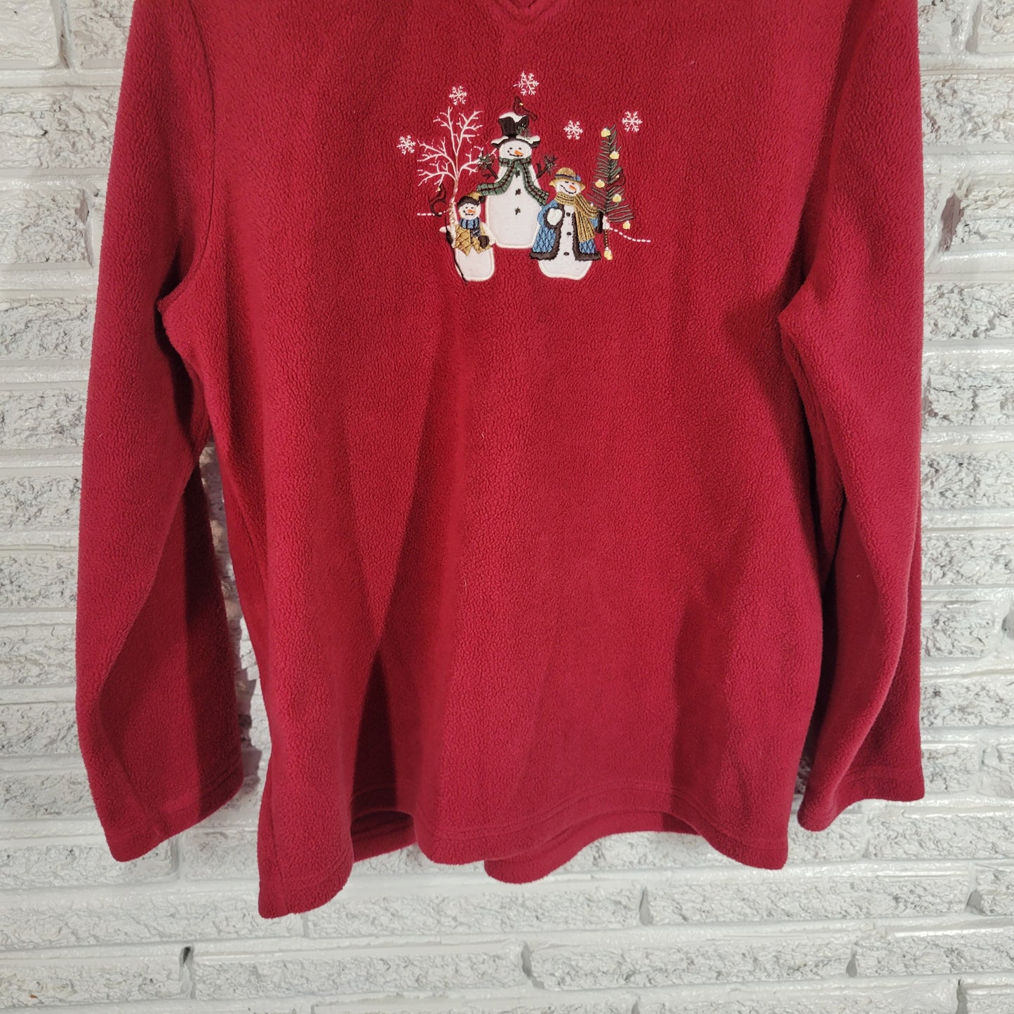 Croft & Barrow Christmas Snowman Fleece Sweatshirt XL Red V-Neck SWE97E