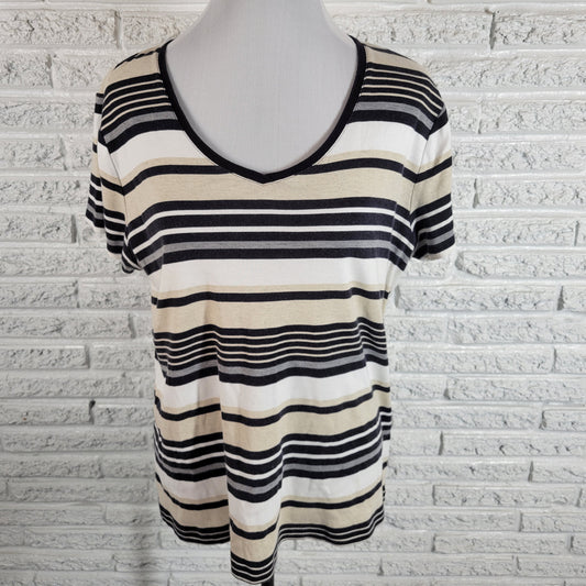 Croft & Barrow Striped Tee XL Black Gray V-Neck Cotton Short Sleeve Top STR165E