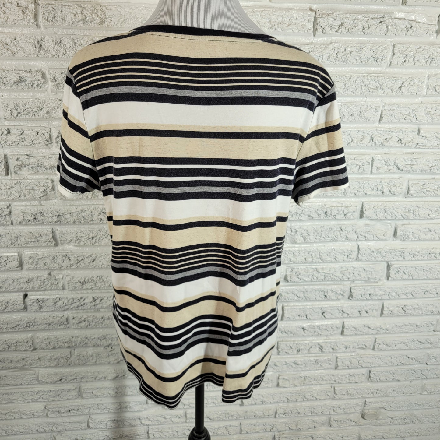 Croft & Barrow Striped Tee XL Black Gray V-Neck Cotton Short Sleeve Top STR165E