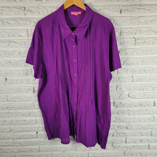 Woman Within Pintucked Blouse 3X Purple Sheer 100% Cotton Short Sleeve PUR66E