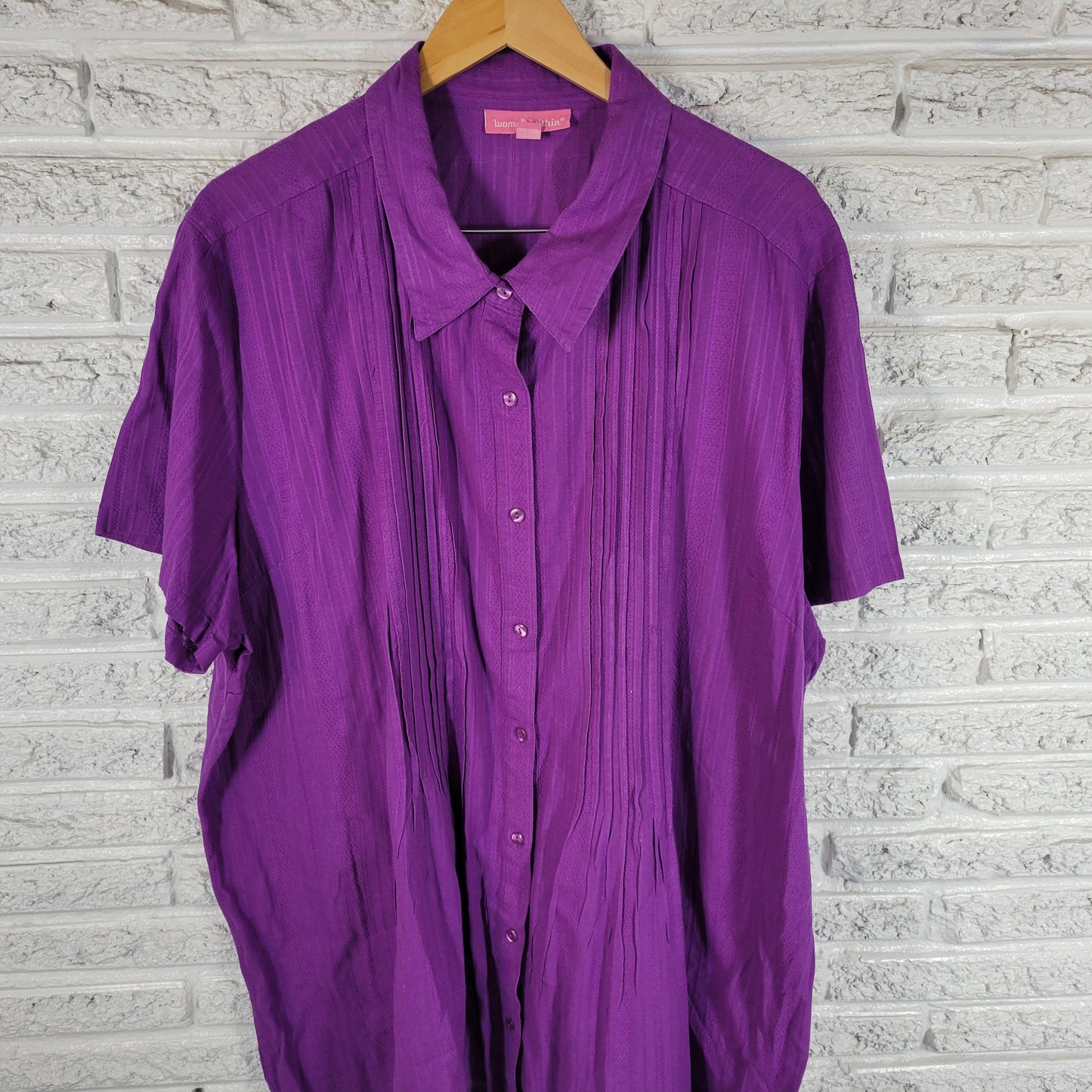 Woman Within Pintucked Blouse 3X Purple Sheer 100% Cotton Short Sleeve PUR66E