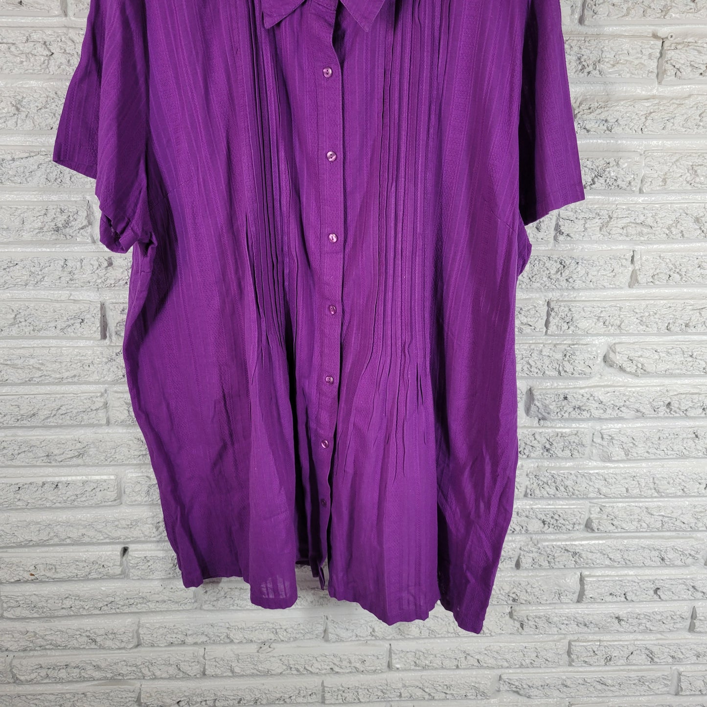 Woman Within Pintucked Blouse 3X Purple Sheer 100% Cotton Short Sleeve PUR66E