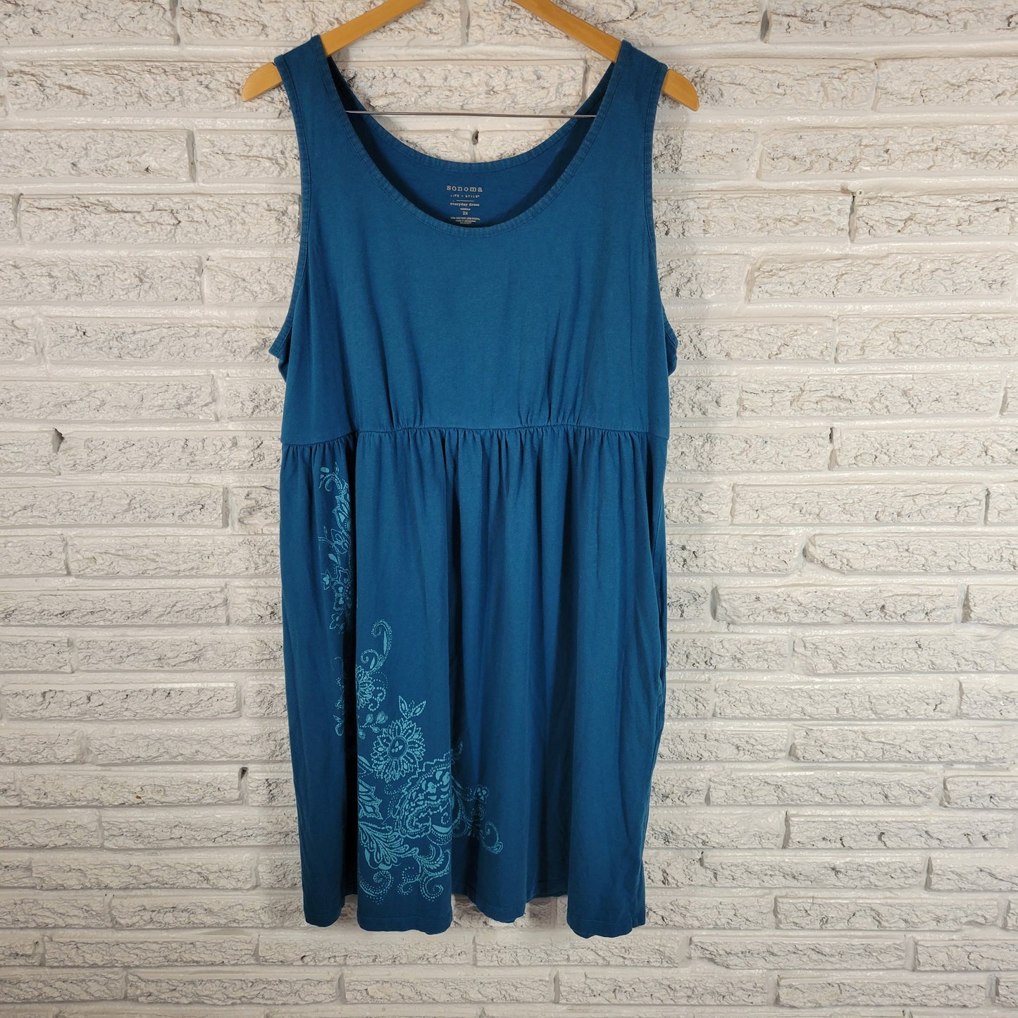 Sonoma Floral Tank Dress 2X Blue Sleeveless Cotton Blend Pullover Pockets BLU59E
