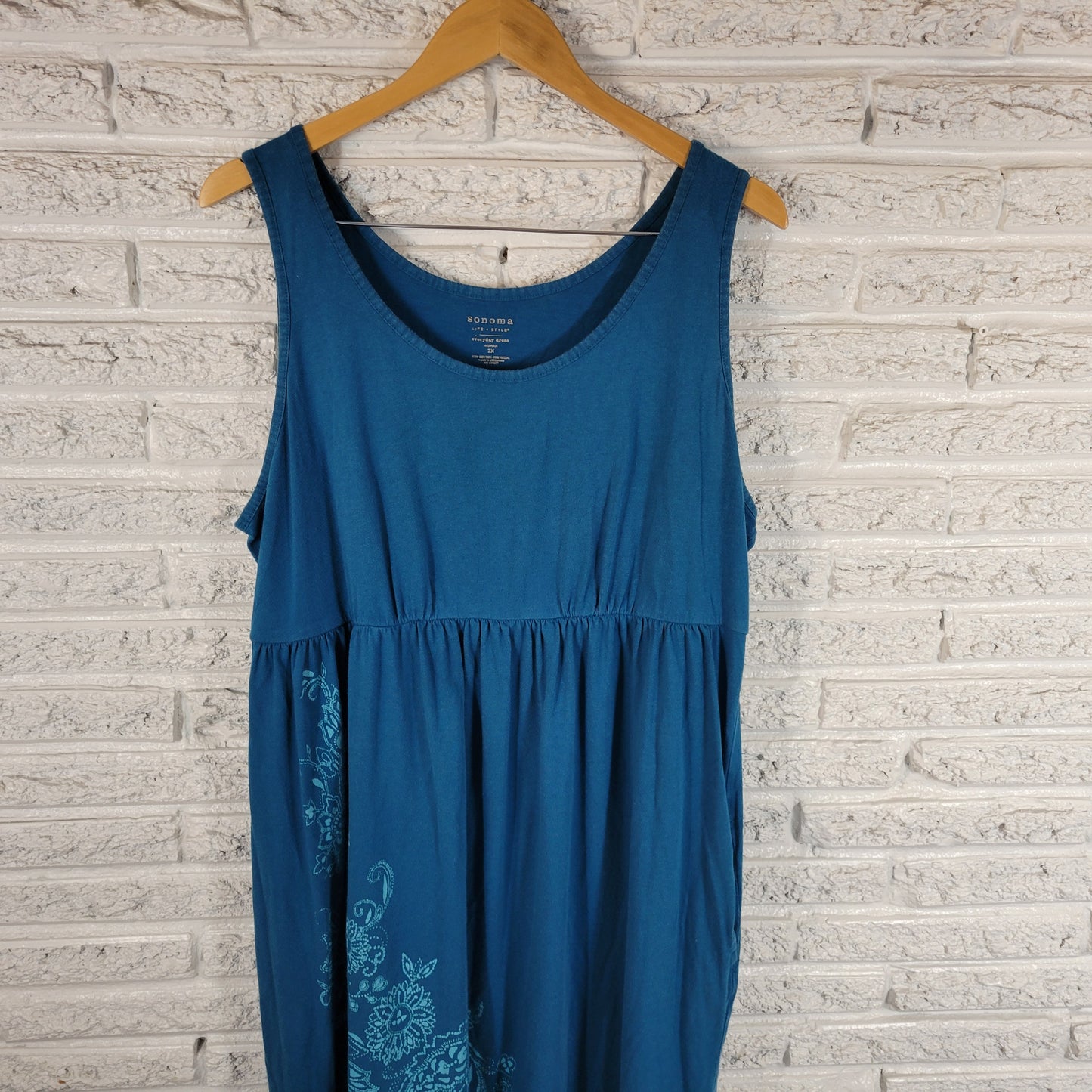 Sonoma Floral Tank Dress 2X Blue Sleeveless Cotton Blend Pullover Pockets BLU59E