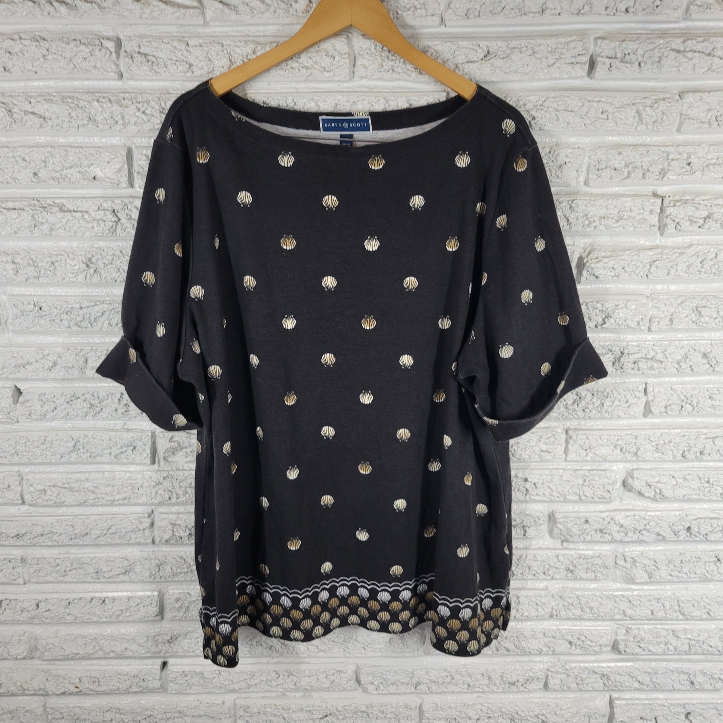 Karen Scott 3X Black Shells Tee Shirt Short Sleeve Cotton Blend Plus BLA24E