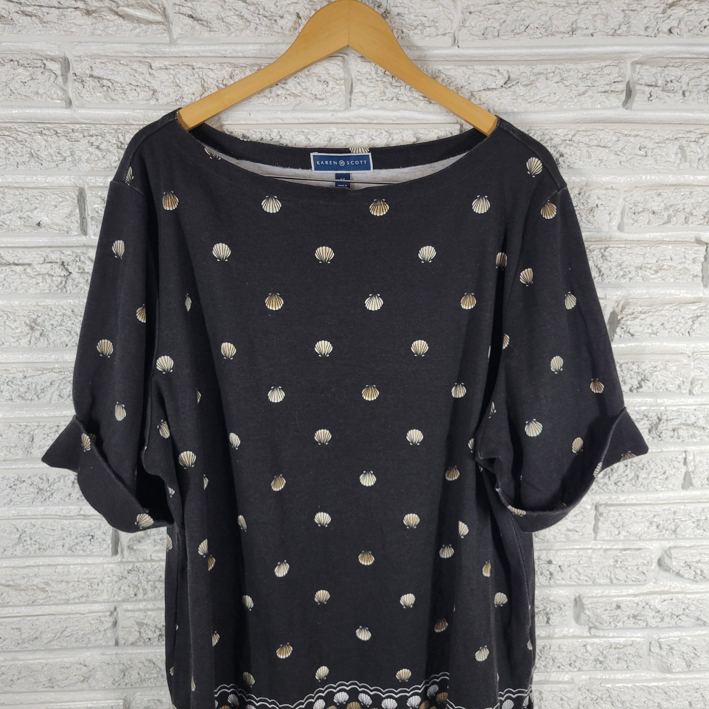 Karen Scott 3X Black Shells Tee Shirt Short Sleeve Cotton Blend Plus BLA24E