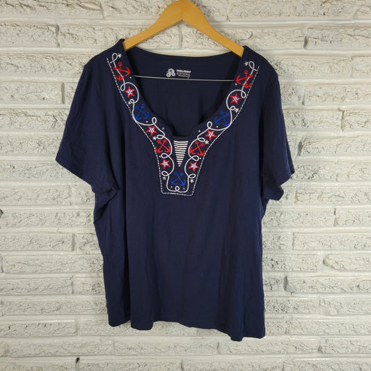 Holiday Editions 3X Patriotic Tee Shirt Blue Red Embroidered Rhinestone A11E