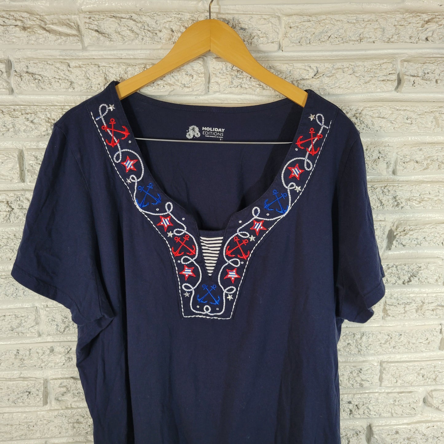 Holiday Editions 3X Patriotic Tee Shirt Blue Red Embroidered Rhinestone A11E