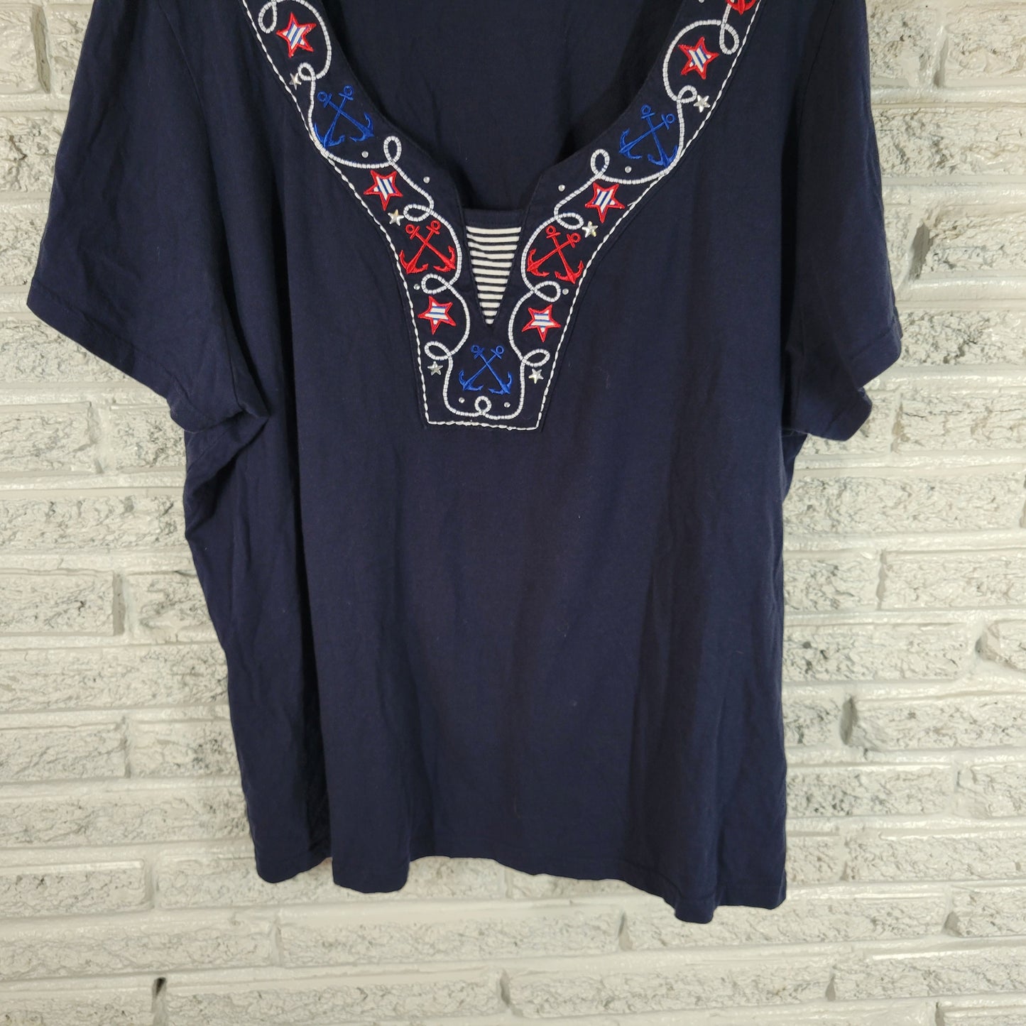 Holiday Editions 3X Patriotic Tee Shirt Blue Red Embroidered Rhinestone A11E