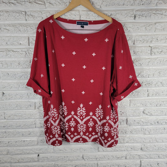 Karen Scott 3X Red Geometric Tee Short Sleeve Cotton Blend Plus Size Crew RED15E