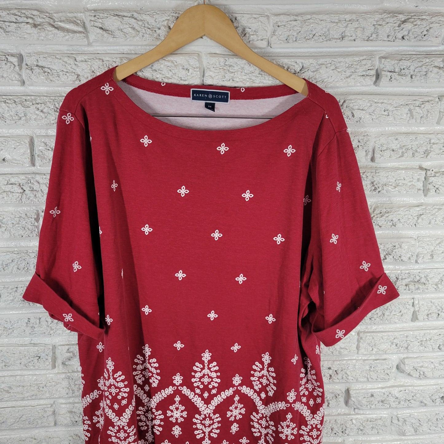 Karen Scott 3X Red Geometric Tee Short Sleeve Cotton Blend Plus Size Crew RED15E