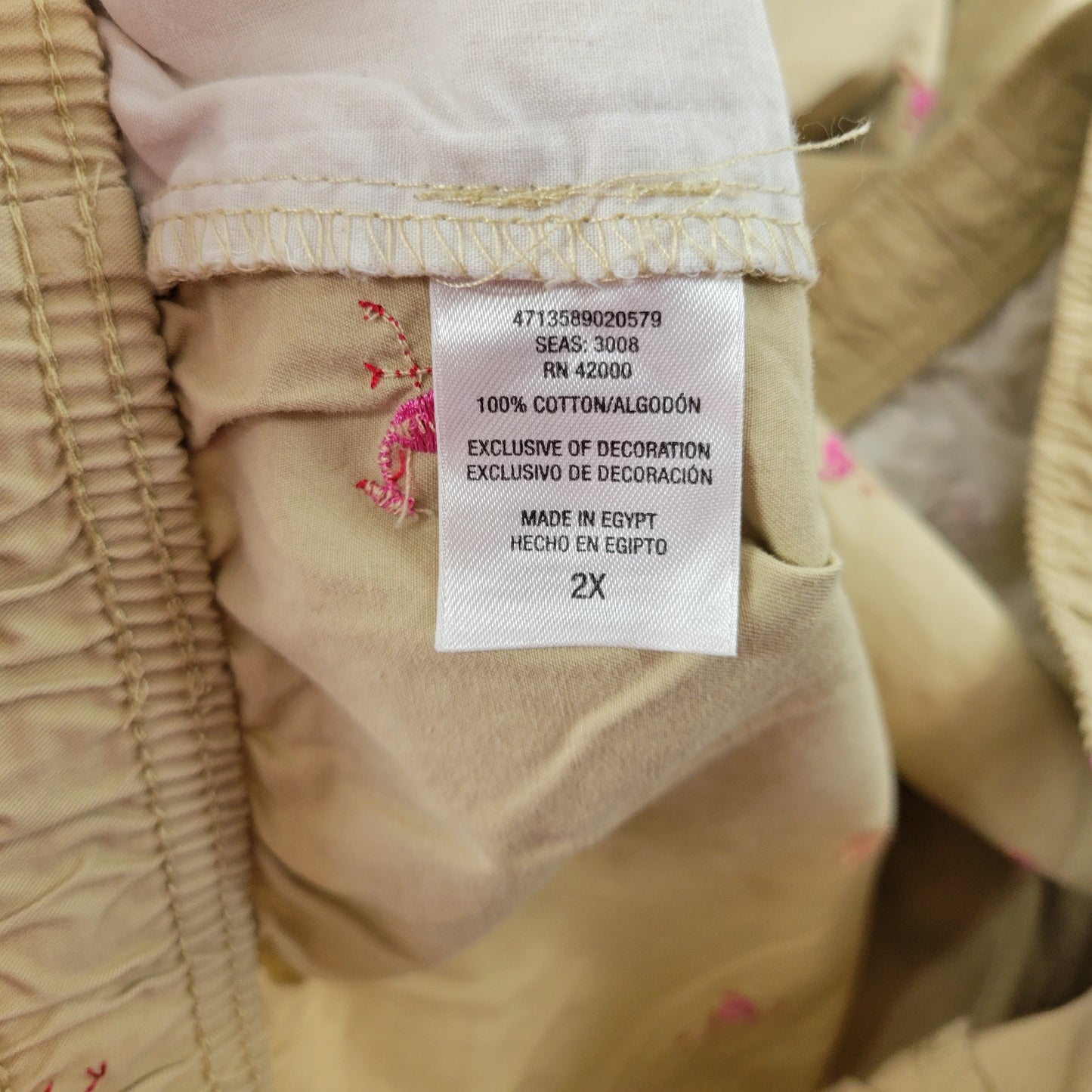 Basic Editions Beige Flamingo Capri Pants 2X Plus Cotton Elastic Waist A25E