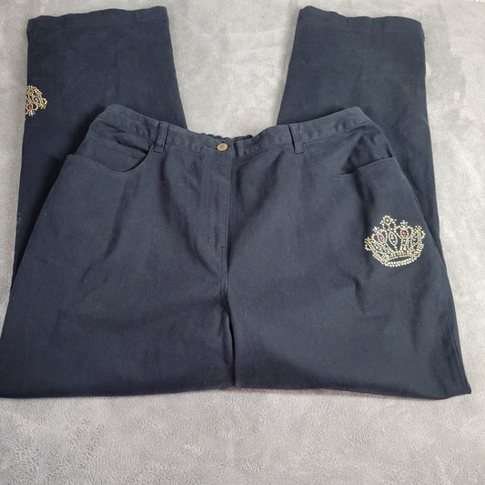 Quacker Factory Black Denim Jeans 1X Plus Rhinestone Studded Straight Leg SL2E