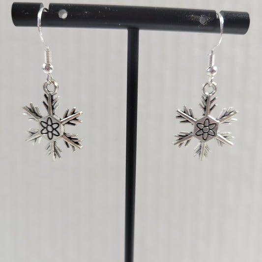 Silver Snowflake Dangle Earrings Flower Center Winter Christmas Charm Gift E146E