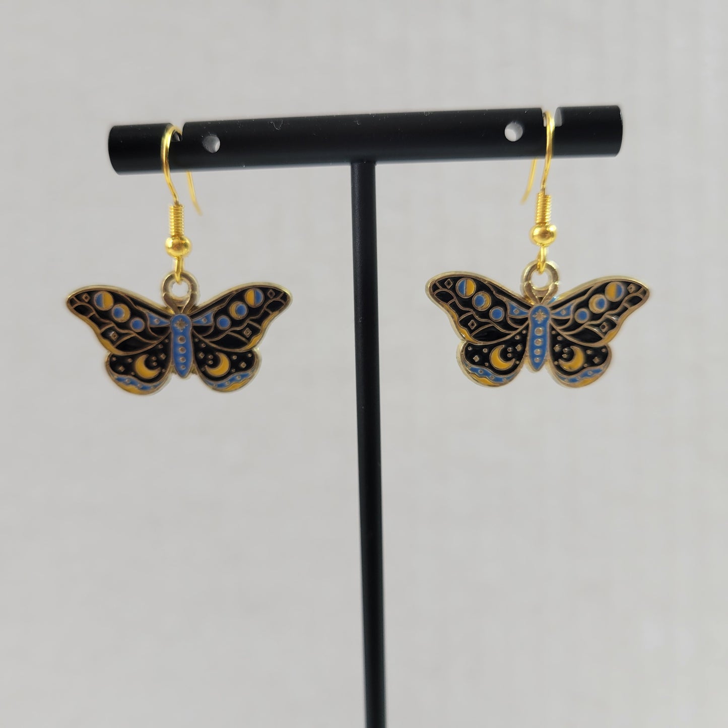 Celestial Butterfly Moth Enamel Dangle Earrings Gold Celestial Moon Star E149E