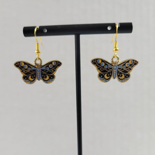 Celestial Butterfly Moth Enamel Dangle Earrings Gold Celestial Moon Star E149E