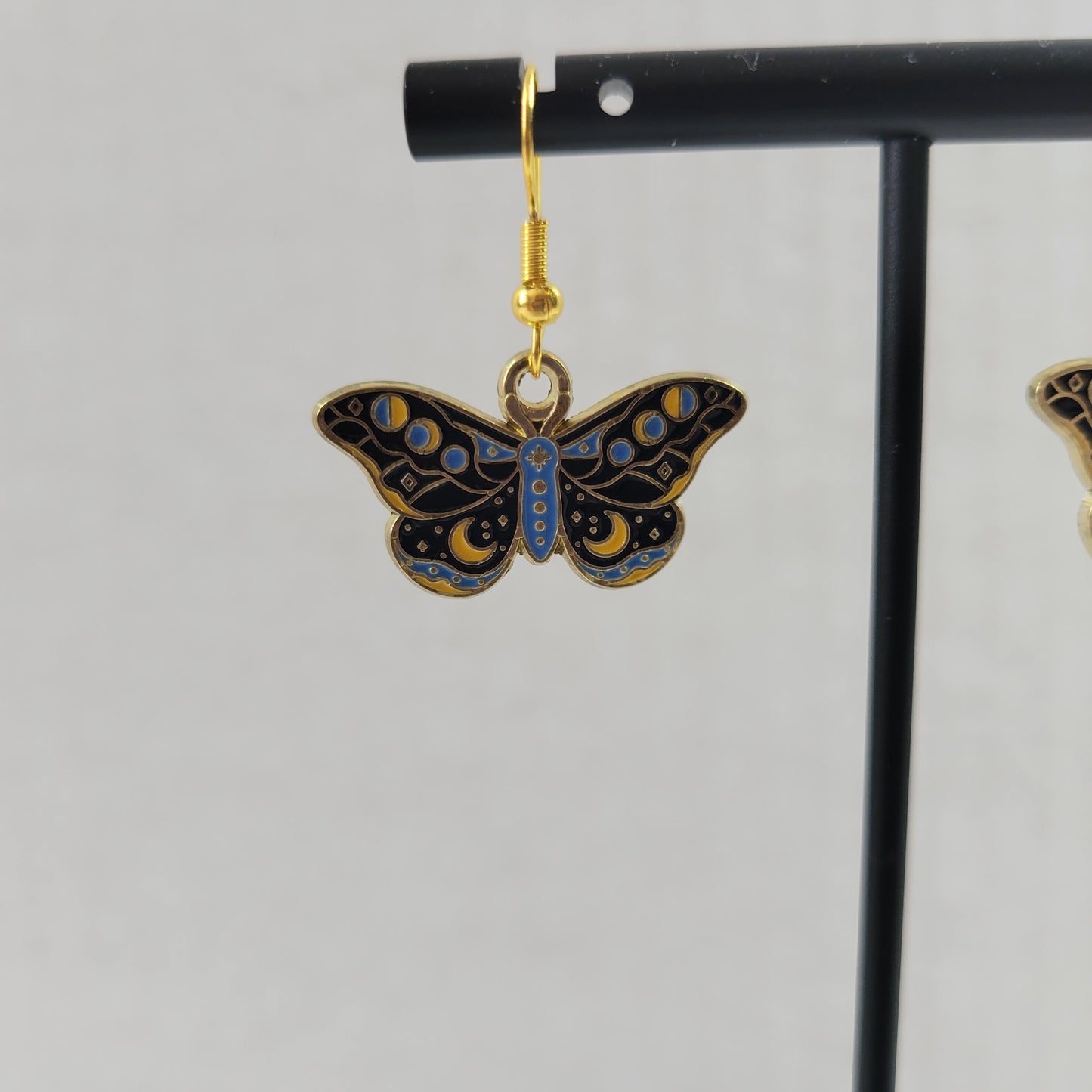 Celestial Butterfly Moth Enamel Dangle Earrings Gold Celestial Moon Star E149E