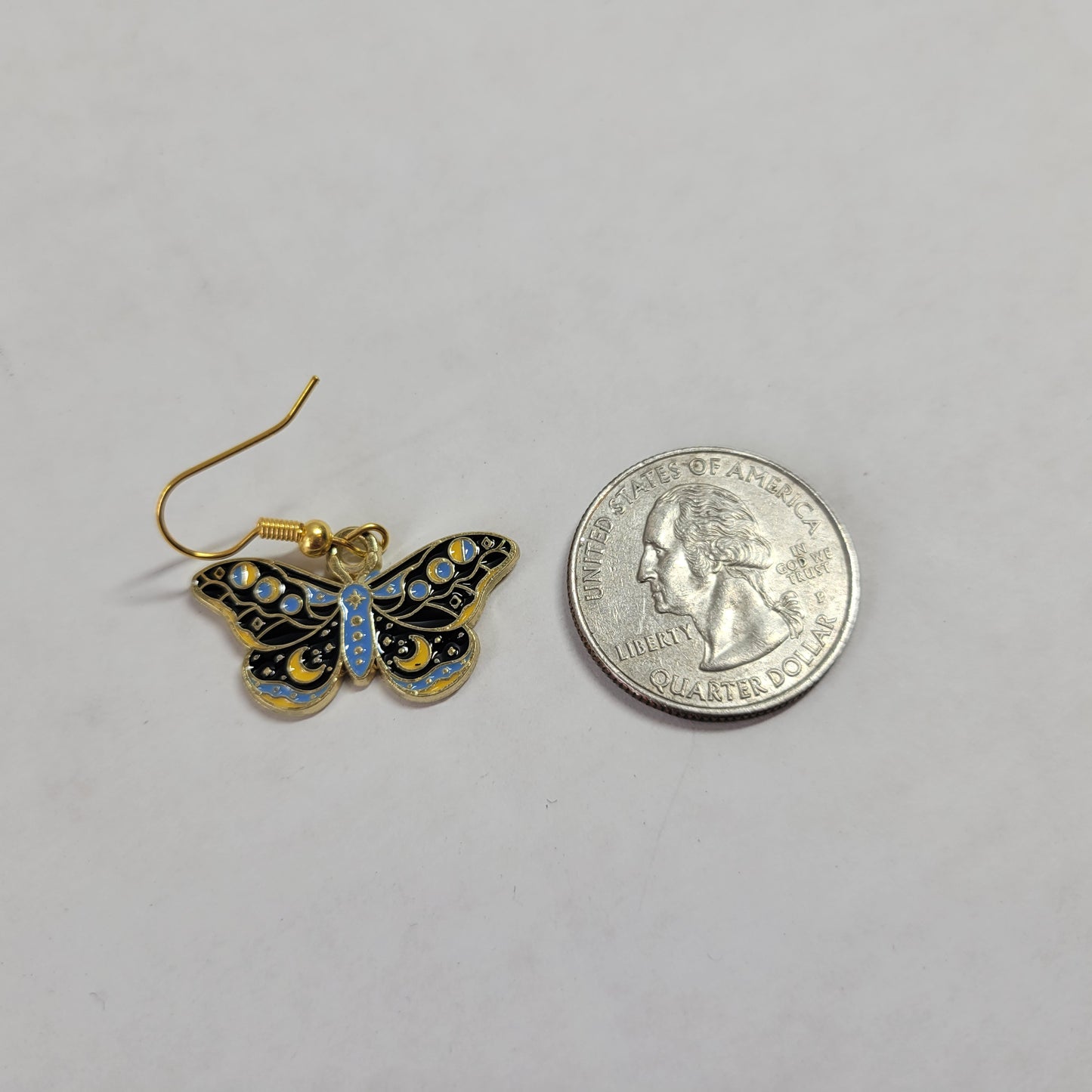 Celestial Butterfly Moth Enamel Dangle Earrings Gold Celestial Moon Star E149E