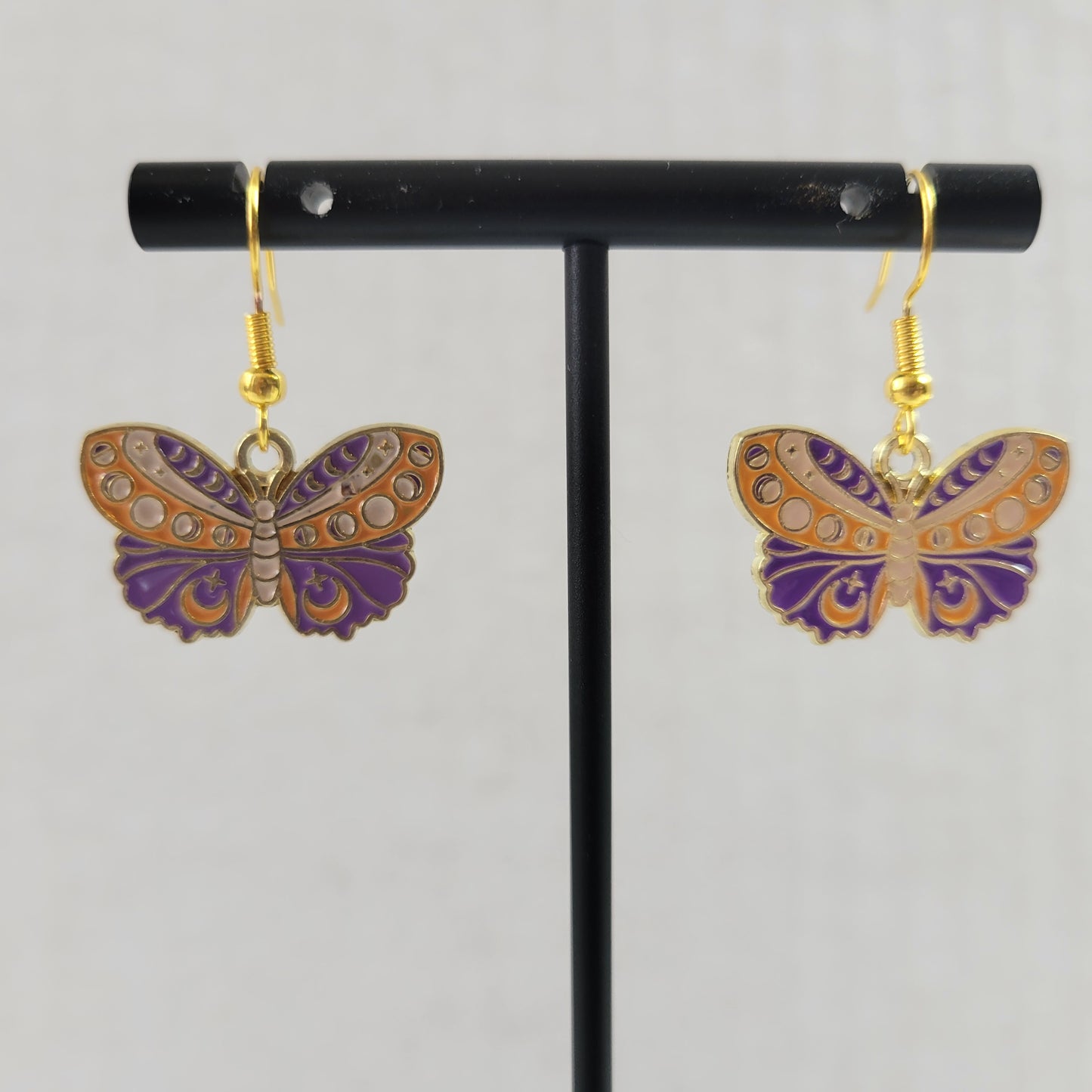 Purple Butterfly Enamel Drop Earrings Gold Tone Wire Hooks Celestial Moth E151E