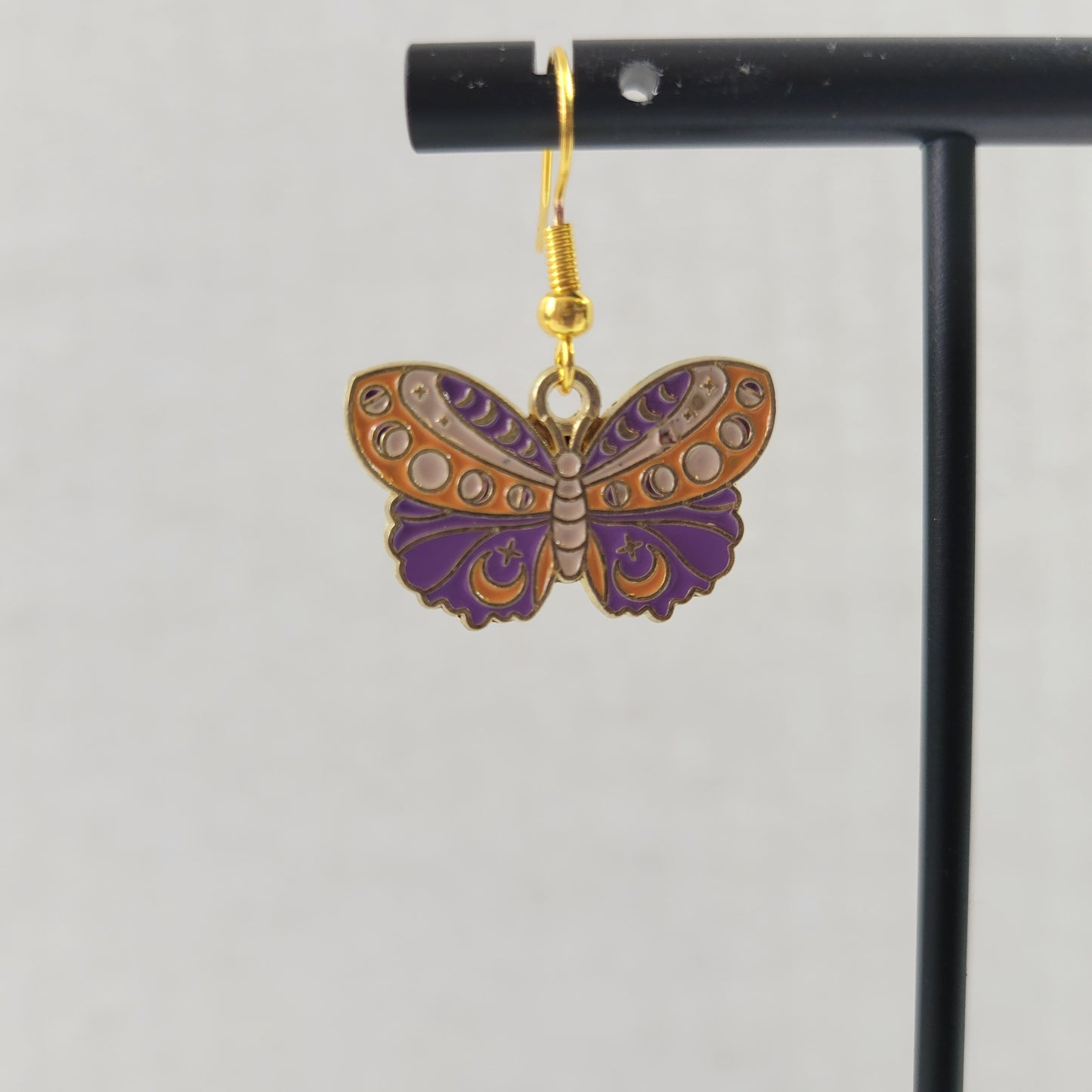 Purple Butterfly Enamel Drop Earrings Gold Tone Wire Hooks Celestial Moth E151E