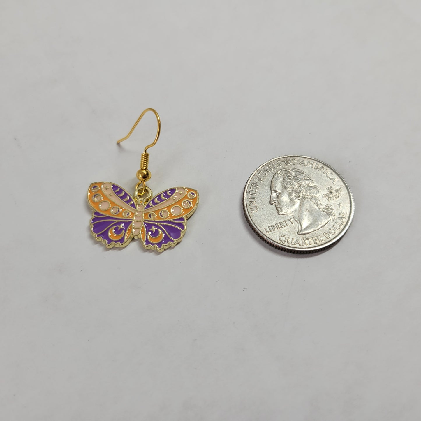 Purple Butterfly Enamel Drop Earrings Gold Tone Wire Hooks Celestial Moth E151E