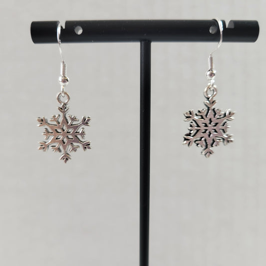 Silver Snowflake Dangle Earrings Wire Hook Winter Christmas Holiday Charm E154E