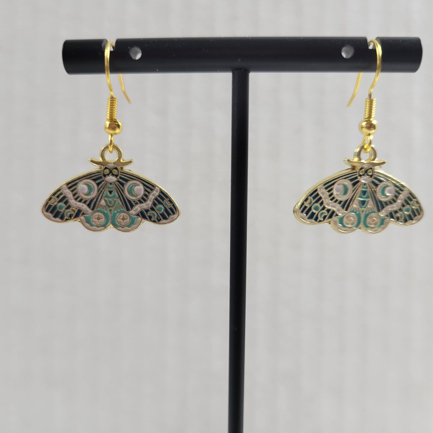 Gold Enamel Moth Dangle Earrings Celestial Crescent Moon Phase Celestial E160E