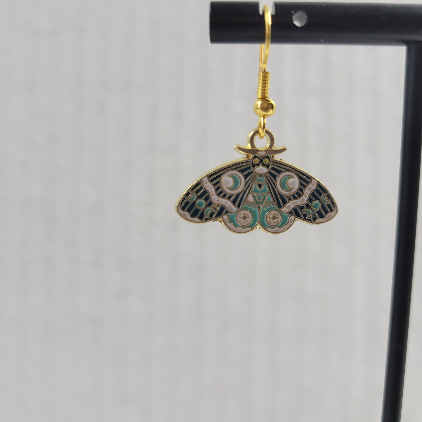Gold Enamel Moth Dangle Earrings Celestial Crescent Moon Phase Celestial E160E