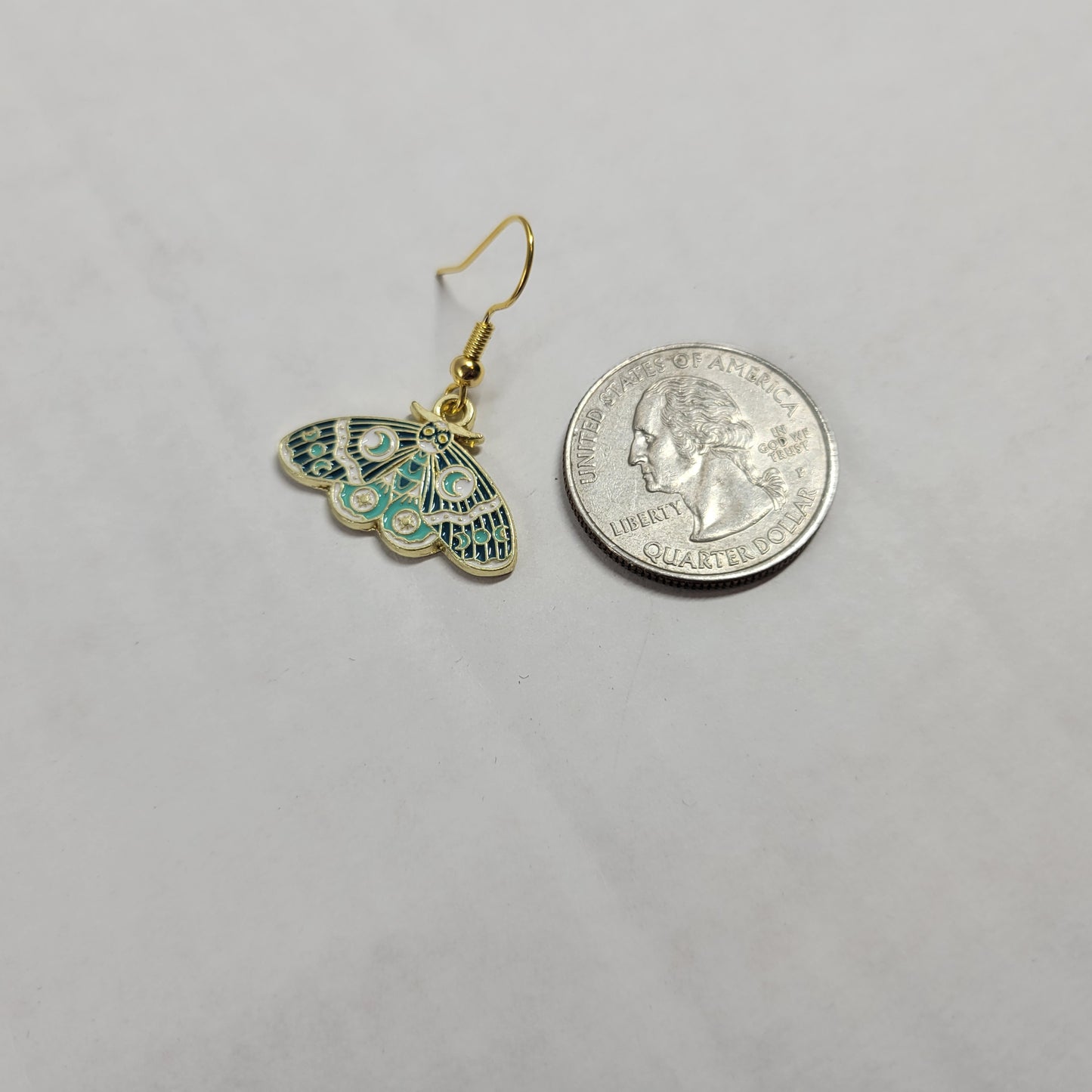 Gold Enamel Moth Dangle Earrings Celestial Crescent Moon Phase Celestial E160E