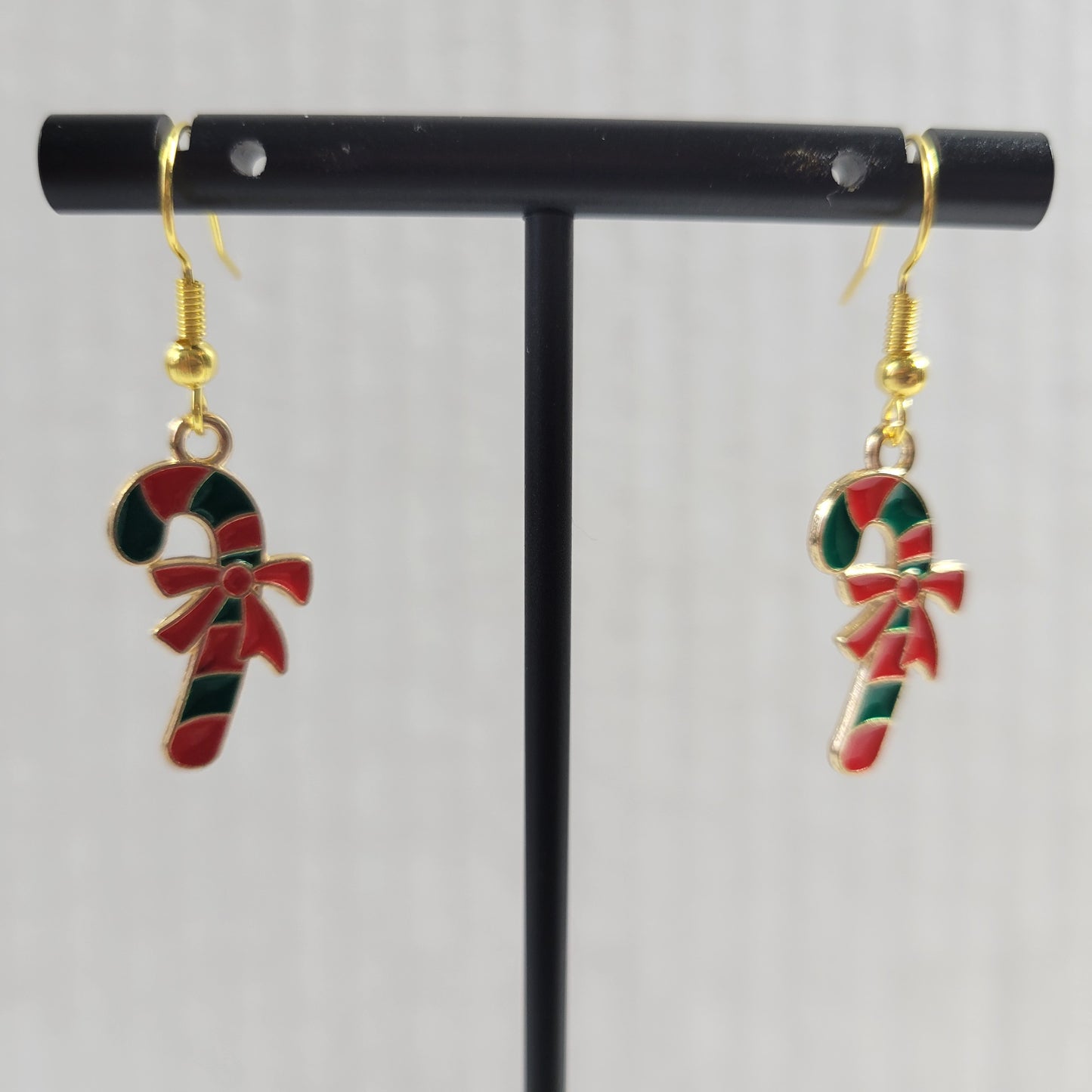 Candy Cane Dangle Earrings Christmas Holiday Enamel Gold Red Green Bow E165E