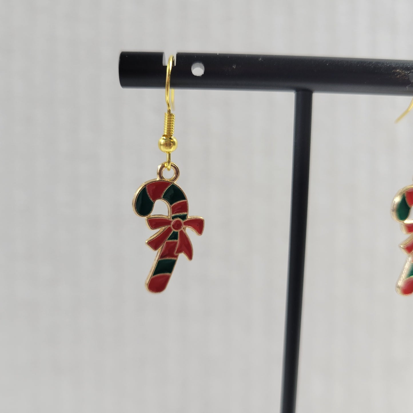 Candy Cane Dangle Earrings Christmas Holiday Enamel Gold Red Green Bow E165E