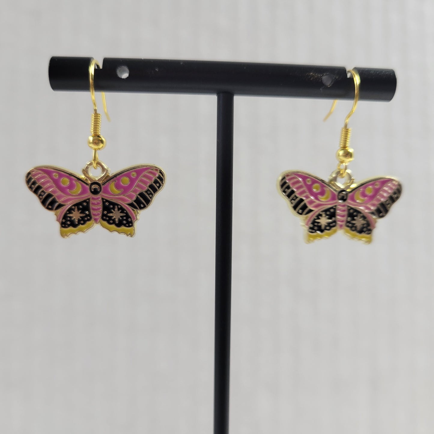 Pink Butterfly Moth Dangle Earrings Celestial Crescent Moon Gold Enamel E167E
