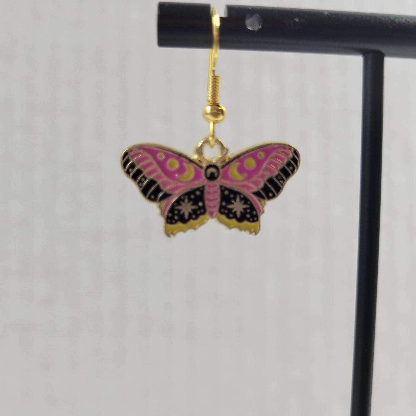 Pink Butterfly Moth Dangle Earrings Celestial Crescent Moon Gold Enamel E167E