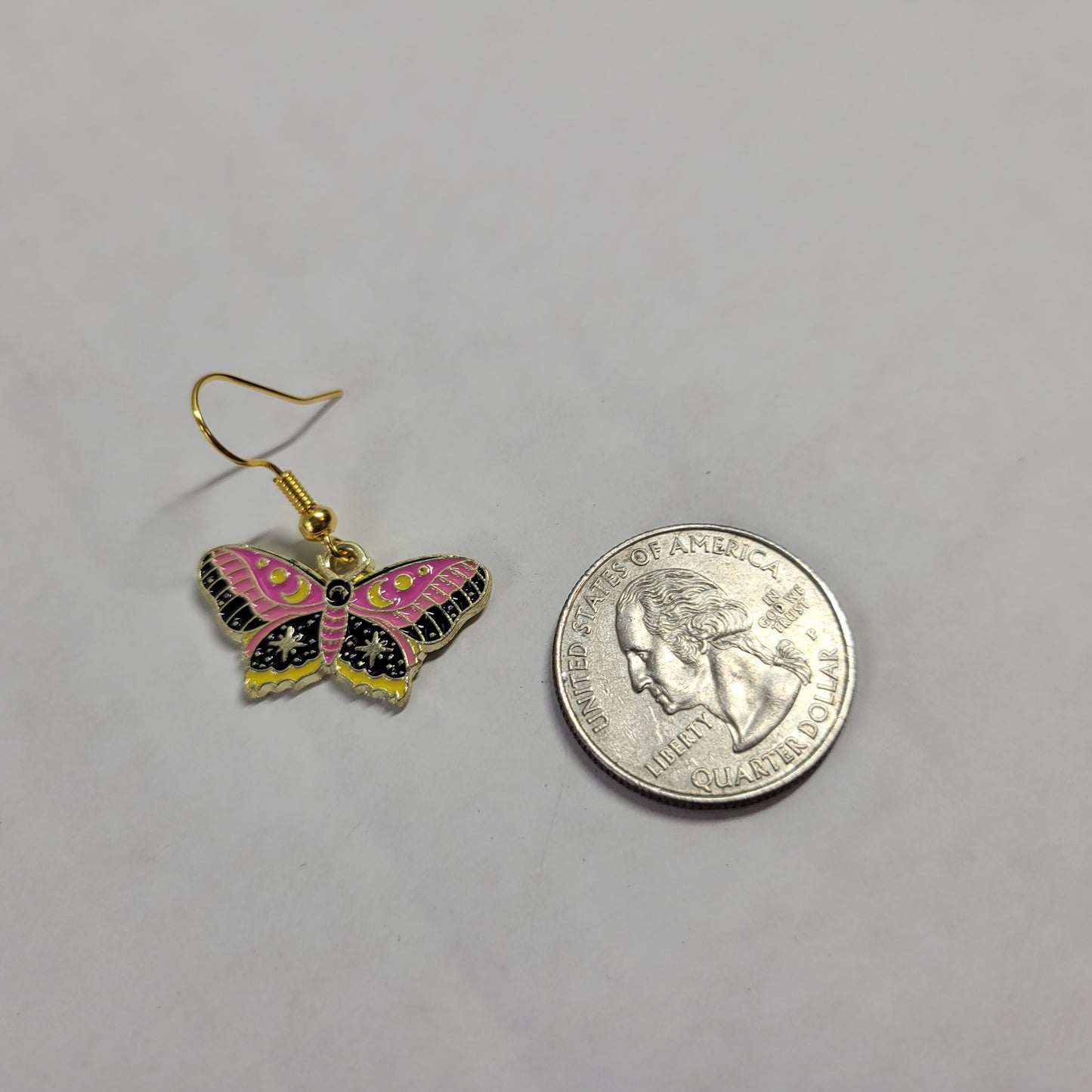 Pink Butterfly Moth Dangle Earrings Celestial Crescent Moon Gold Enamel E167E