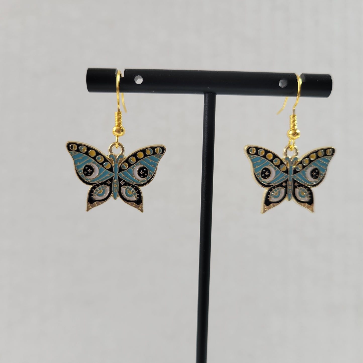 Blue Butterfly Moth Dangle Earrings Celestial Evil Eye Gold Enamel Jewelry E170E