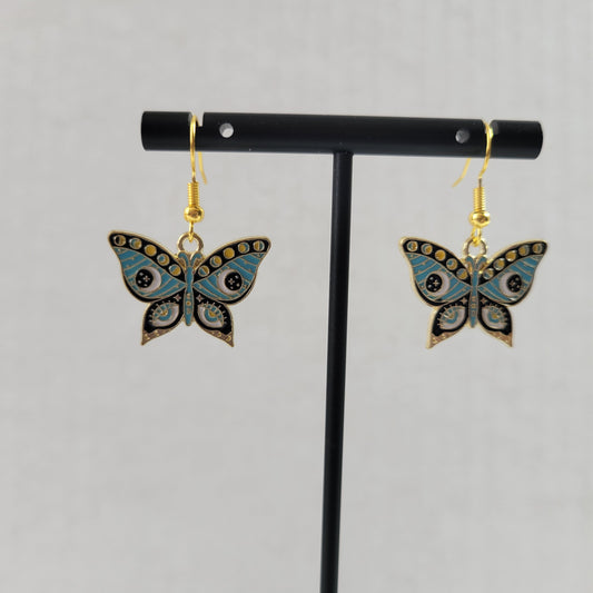Blue Butterfly Moth Dangle Earrings Celestial Evil Eye Gold Enamel Jewelry E170E
