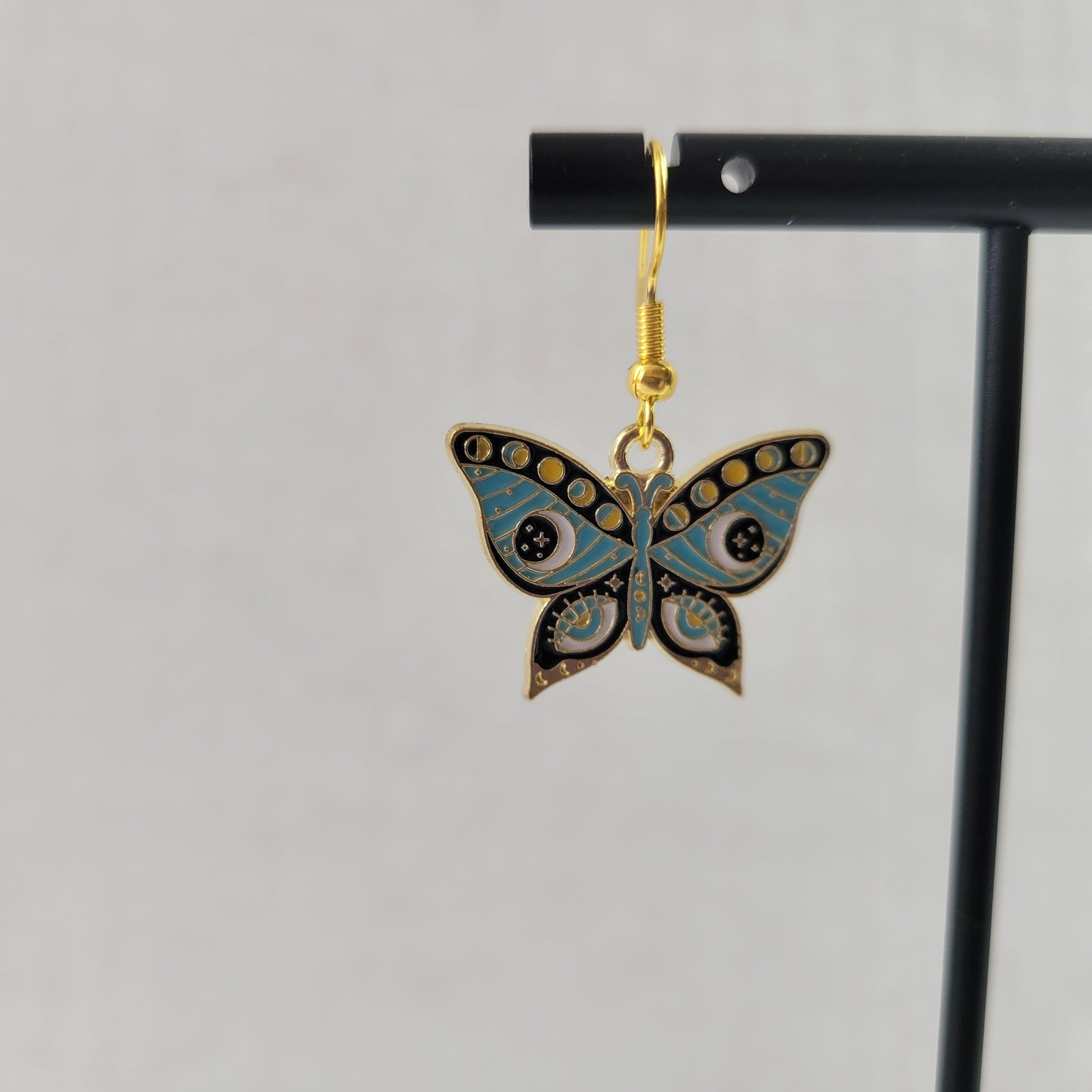 Blue Butterfly Moth Dangle Earrings Celestial Evil Eye Gold Enamel Jewelry E170E