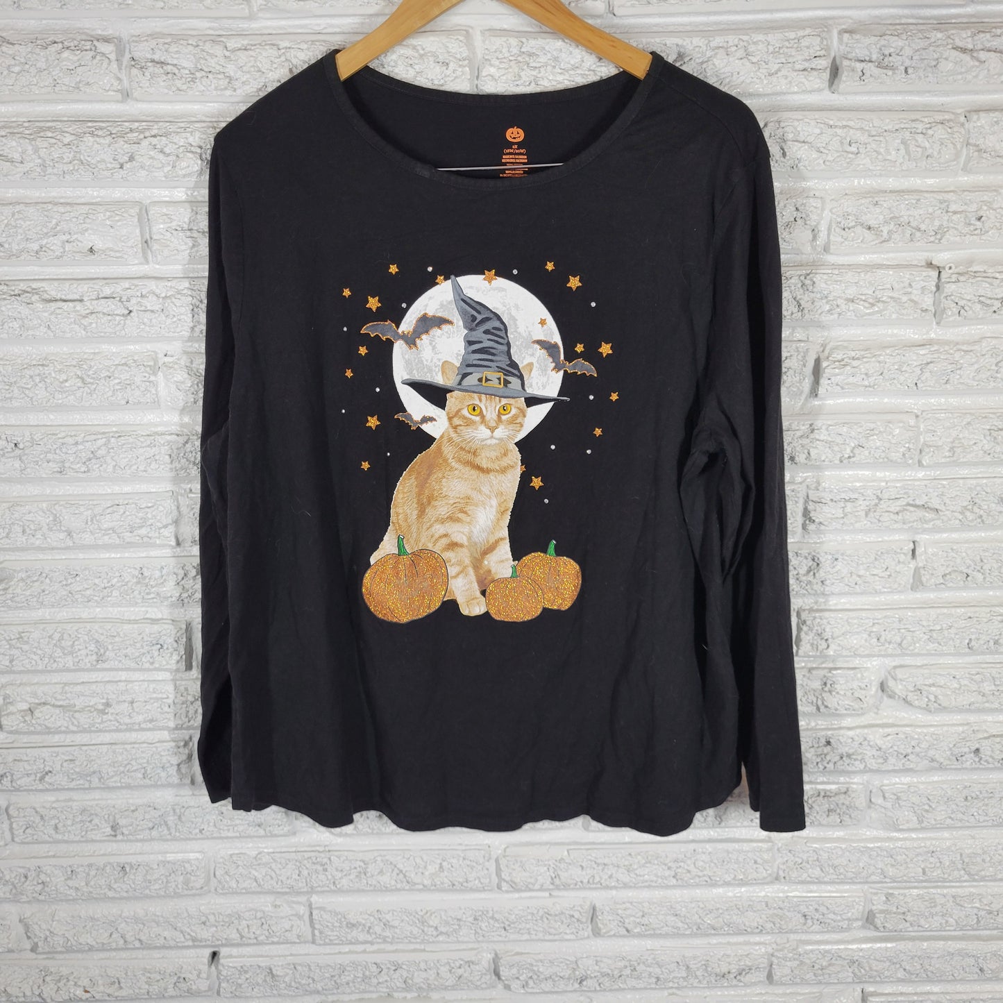 Celebrate Halloween Tee 2X Black Long Sleeve Cotton Glitter Witch Cat BLA60E