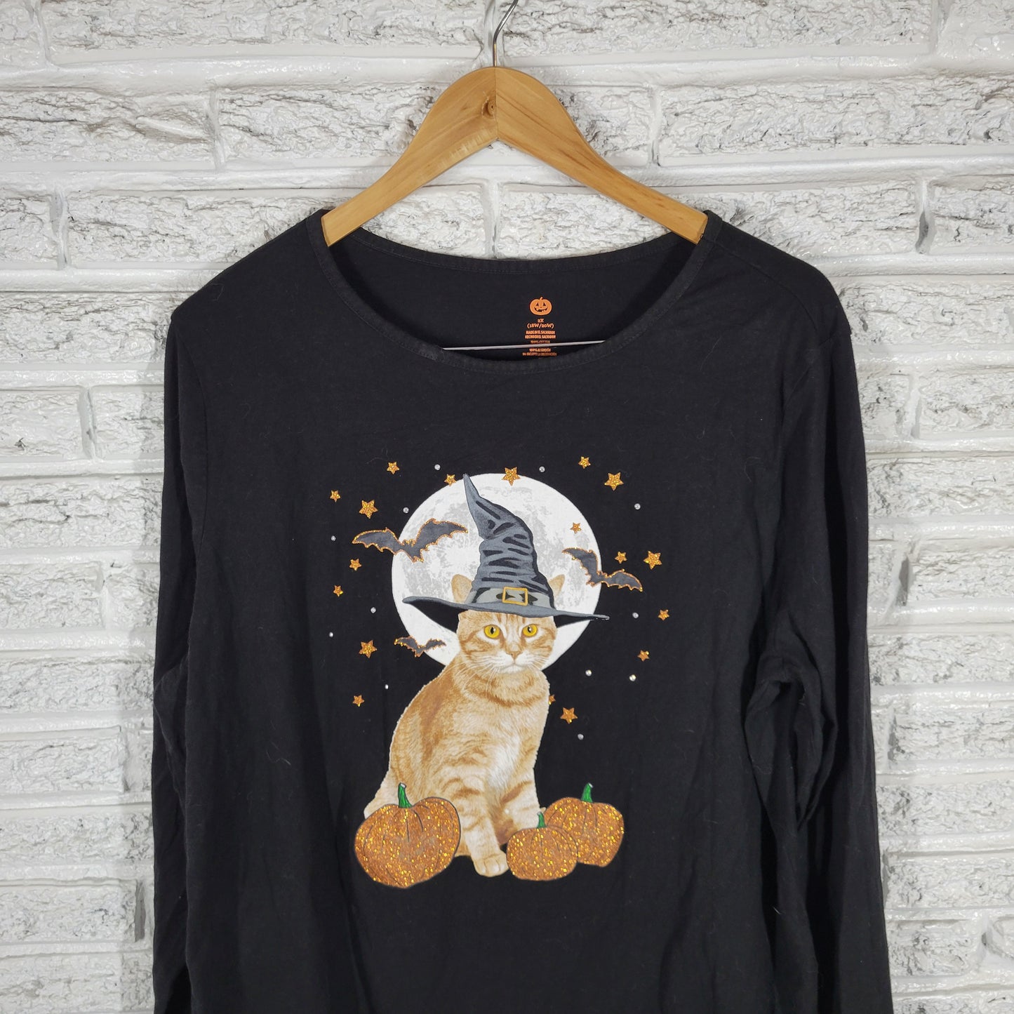 Celebrate Halloween Tee 2X Black Long Sleeve Cotton Glitter Witch Cat BLA60E