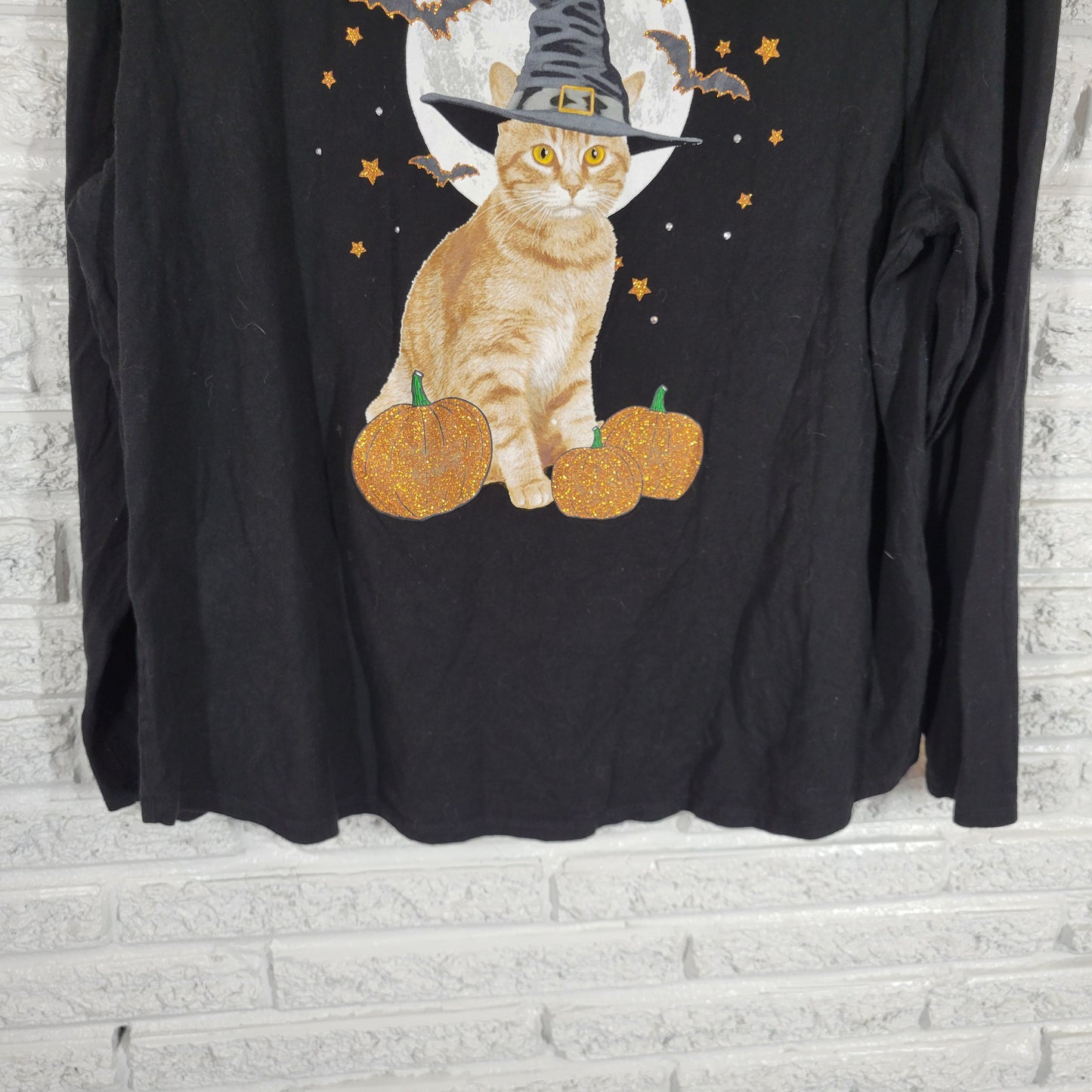 Celebrate Halloween Tee 2X Black Long Sleeve Cotton Glitter Witch Cat BLA60E