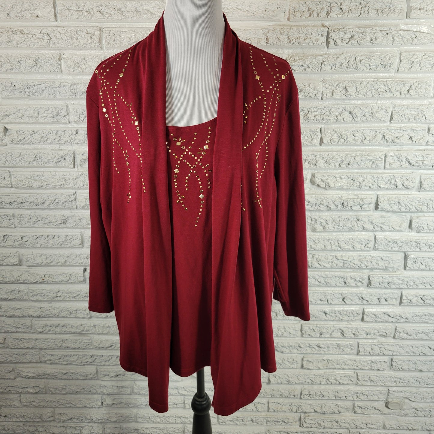Alfred Dunner Top 2X Womens Burgundy Studded Blouse 3/4 Sleeve Twofer BUR14E