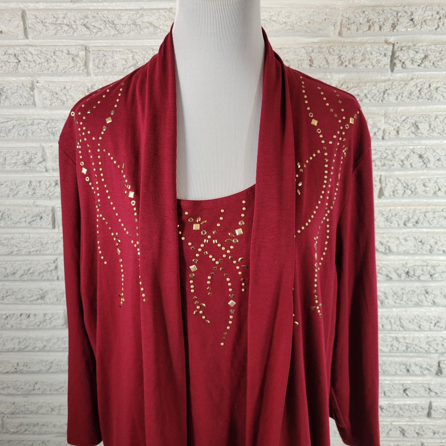 Alfred Dunner Top 2X Womens Burgundy Studded Blouse 3/4 Sleeve Twofer BUR14E