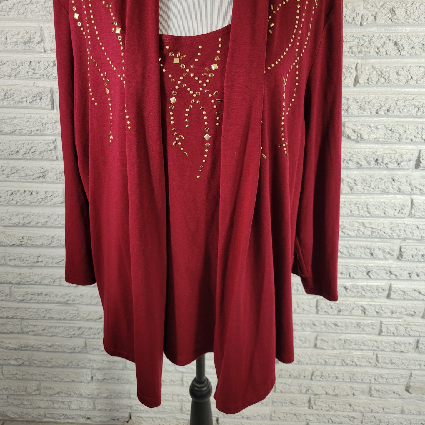 Alfred Dunner Top 2X Womens Burgundy Studded Blouse 3/4 Sleeve Twofer BUR14E