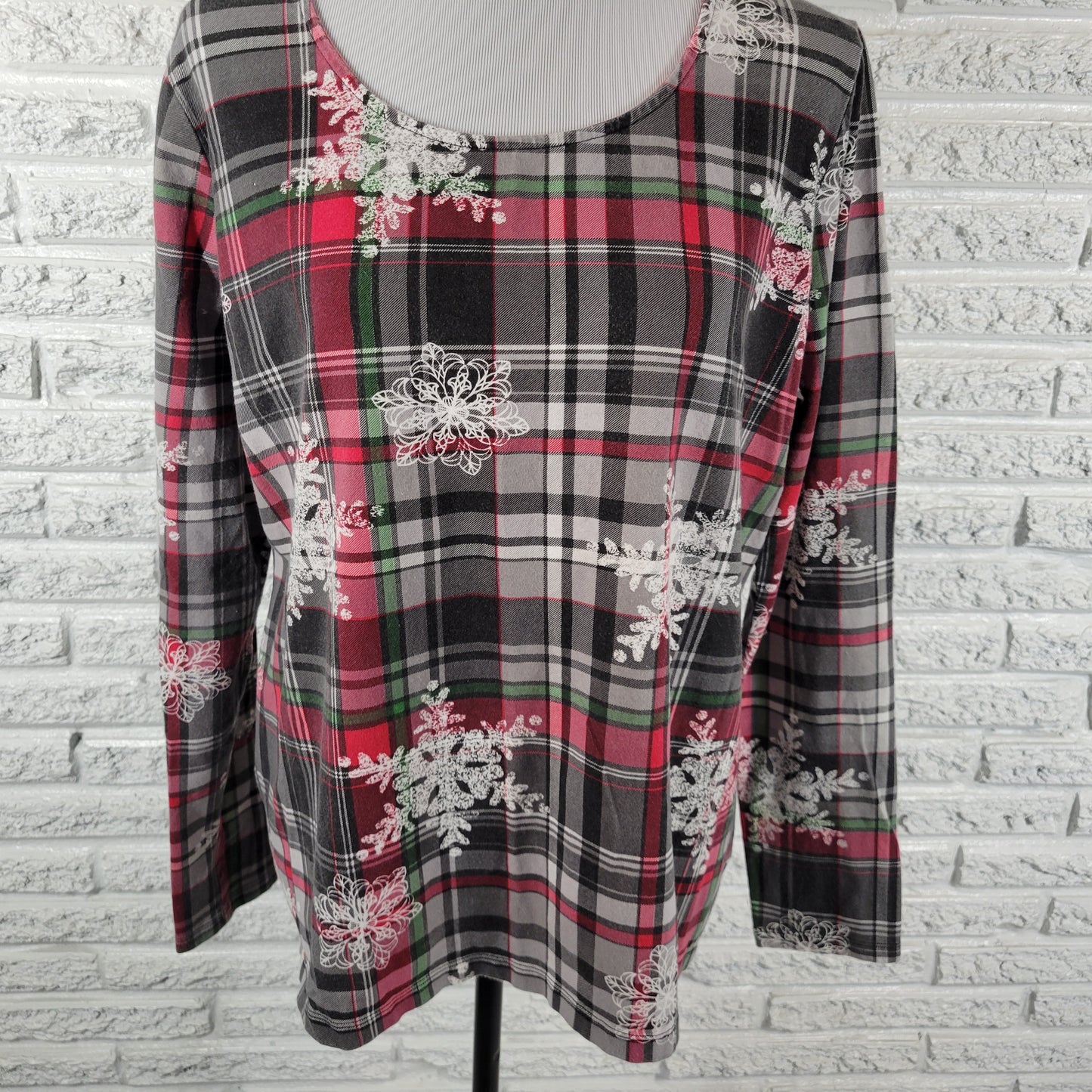 Kim Rogers XL Womens Plaid Snowflake Tee Long Sleeve T-Shirt Winter Top PLA58E