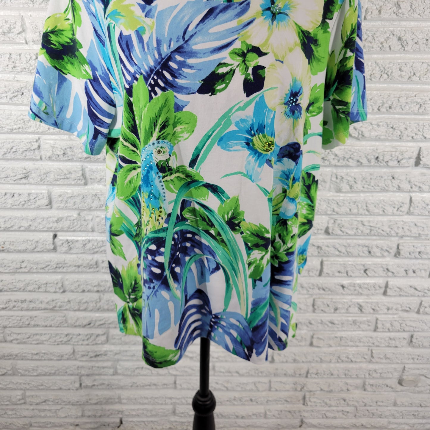 Alfred Dunner Top 1X Womens Blue Green Floral Blouse Rhinestone Parrot FLO237E