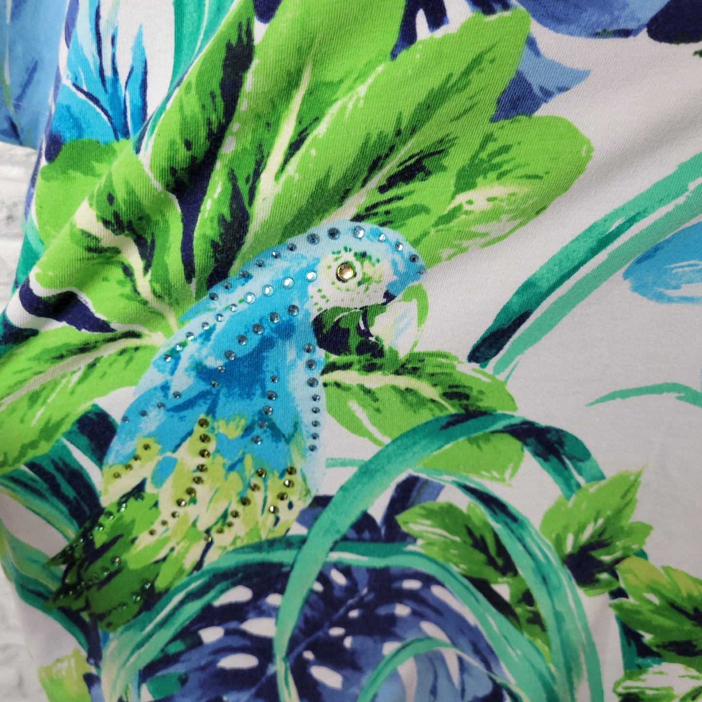 Alfred Dunner Top 1X Womens Blue Green Floral Blouse Rhinestone Parrot FLO237E