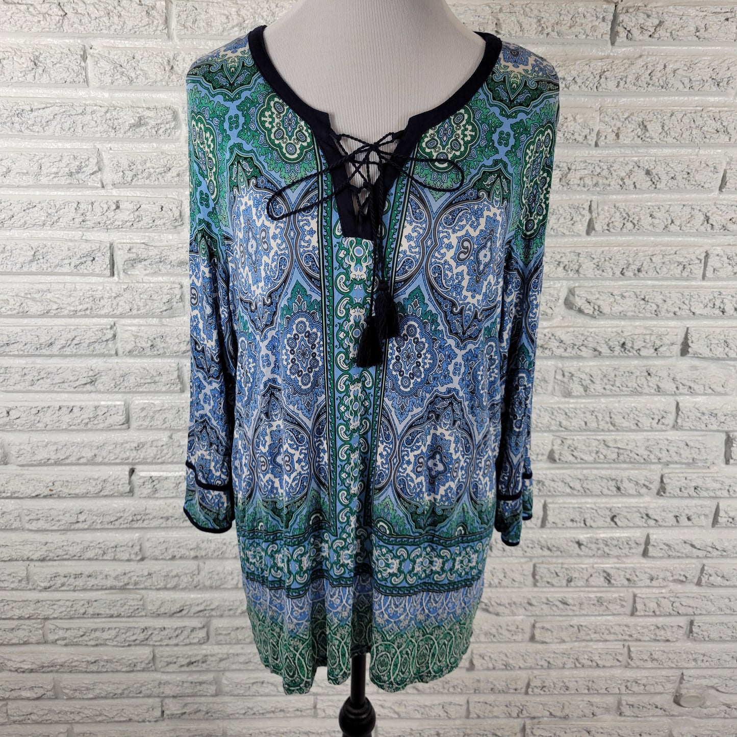 Dress Barn Tunic XL Womens Blue Green Geometric Blouse 3/4 Sleeve GEO128E