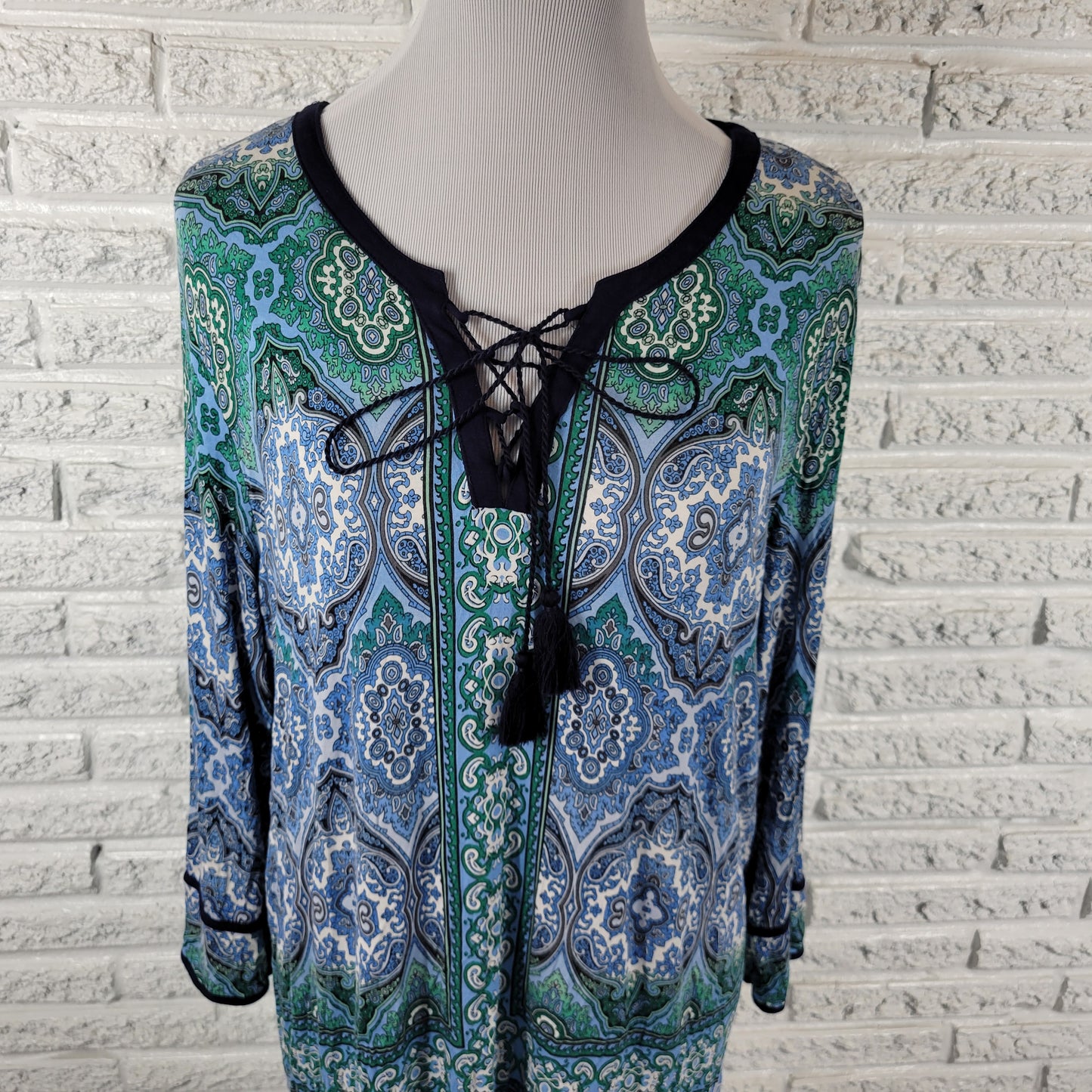 Dress Barn Tunic XL Womens Blue Green Geometric Blouse 3/4 Sleeve GEO128E