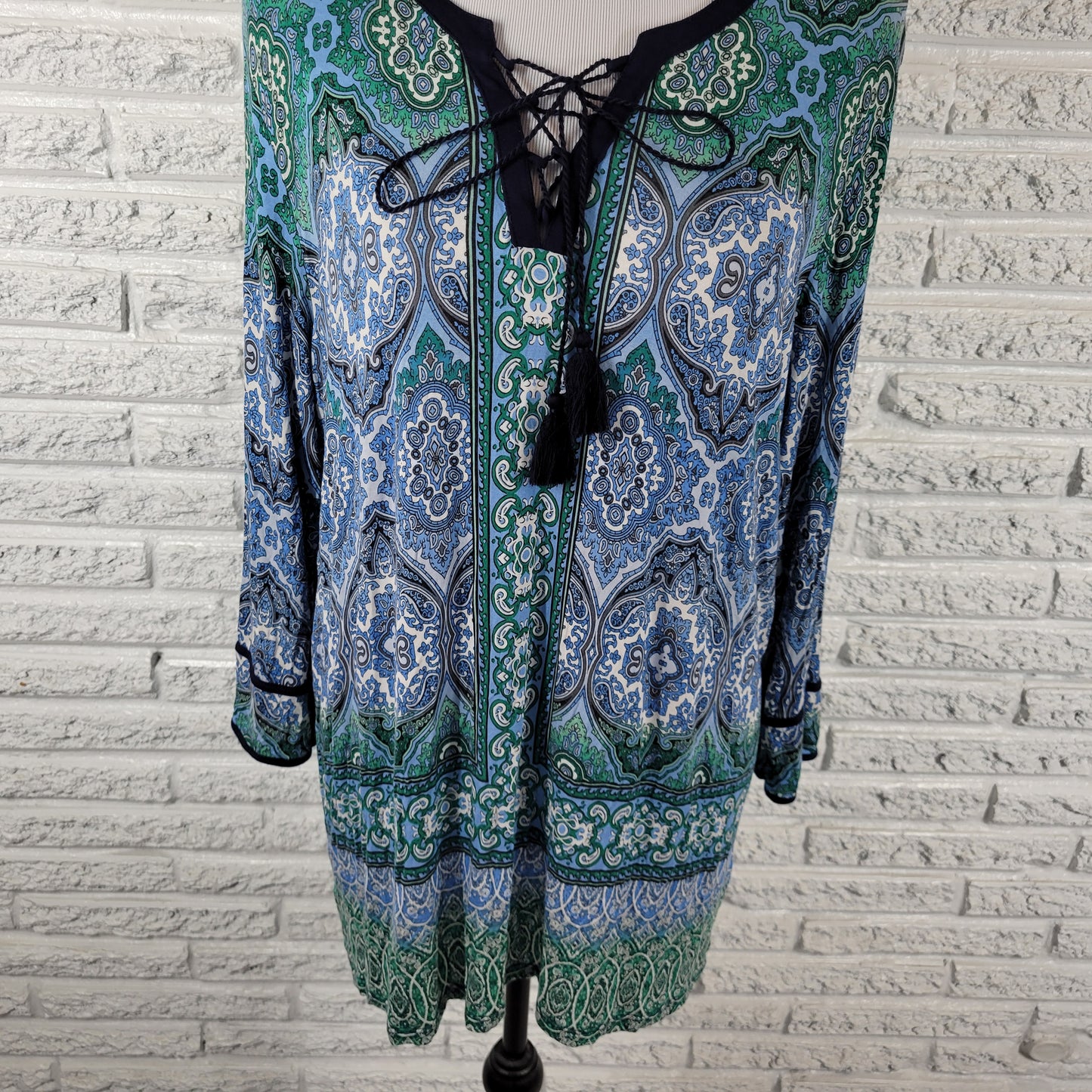 Dress Barn Tunic XL Womens Blue Green Geometric Blouse 3/4 Sleeve GEO128E